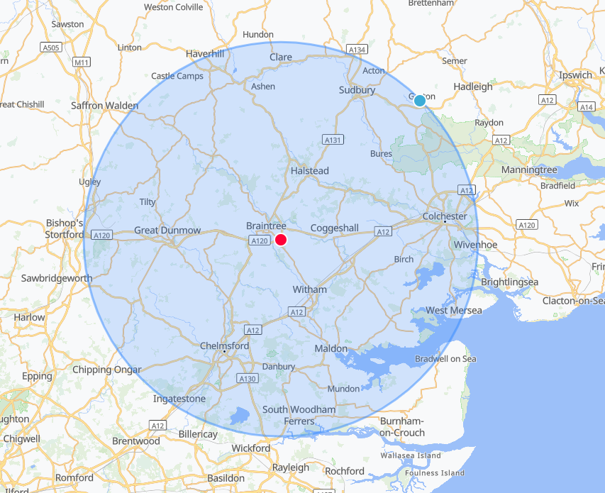 Service area map showing 25 mile radius from Braintree